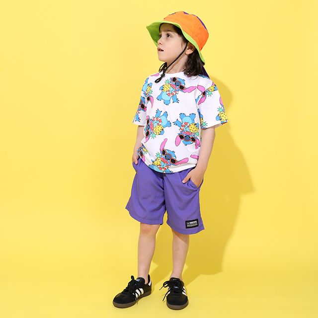 【ベビードール】スティッチ 総柄 Tシャツ&ハーフパンツ 2点セット 0482K / ベビーサイズ キッズ トップス ボトムス 半袖 短パン 半ズボン ウエスト総ゴム ゴム穴付 上下セットアップ コーデセット