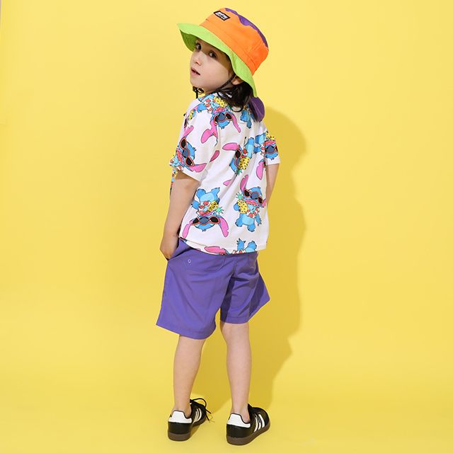 【ベビードール】スティッチ 総柄 Tシャツ&ハーフパンツ 2点セット 0482K / ベビーサイズ キッズ トップス ボトムス 半袖 短パン 半ズボン ウエスト総ゴム ゴム穴付 上下セットアップ コーデセット