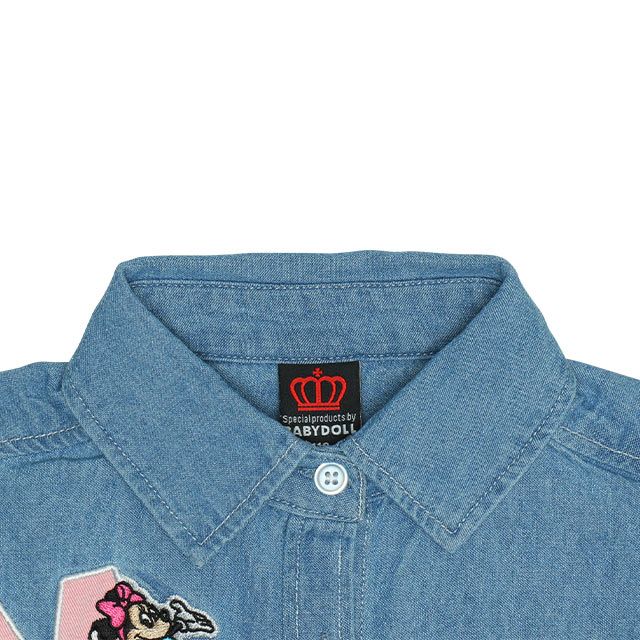 【ベビードール】ミニー 親子お揃い ワッペンデニムワンピース 0520K / デイジー ベビーサイズ キッズ リンクコーデ ペアルック 親子コーデ 長袖 トップス 羽織り ミニ丈 オールインワン