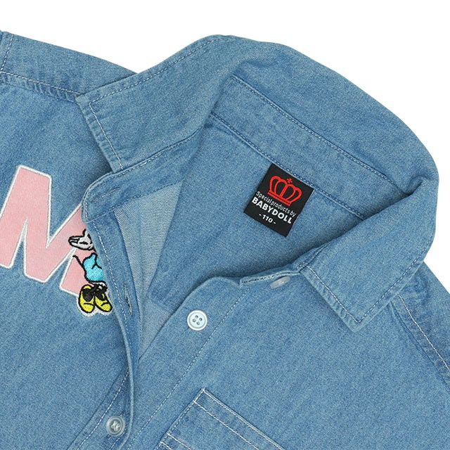 【ベビードール】ミニー 親子お揃い ワッペンデニムワンピース 0520K / デイジー ベビーサイズ キッズ リンクコーデ ペアルック 親子コーデ 長袖 トップス 羽織り ミニ丈 オールインワン