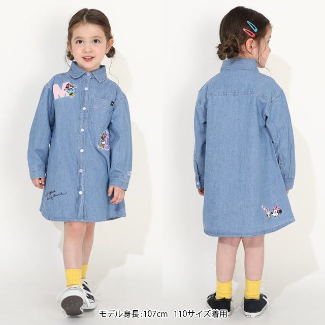 【ベビードール】ミニー 親子お揃い ワッペンデニムワンピース 0520K / デイジー ベビーサイズ キッズ リンクコーデ ペアルック 親子コーデ 長袖 トップス 羽織り ミニ丈 オールインワン