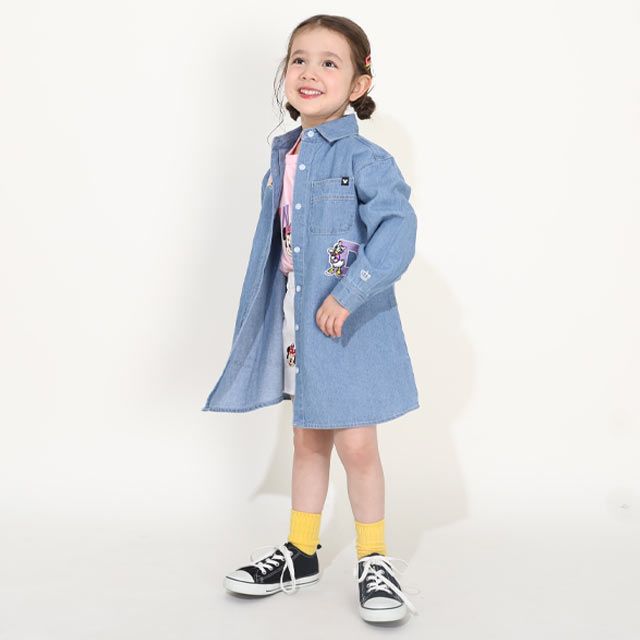 【ベビードール】ミニー 親子お揃い ワッペンデニムワンピース 0520K / デイジー ベビーサイズ キッズ リンクコーデ ペアルック 親子コーデ 長袖 トップス 羽織り ミニ丈 オールインワン