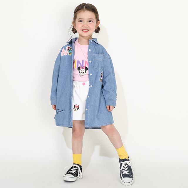 【ベビードール】ミニー 親子お揃い ワッペンデニムワンピース 0520K / デイジー ベビーサイズ キッズ リンクコーデ ペアルック 親子コーデ 長袖 トップス 羽織り ミニ丈 オールインワン