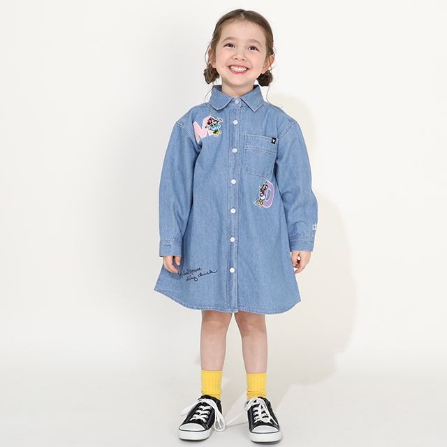 【ベビードール】ミニー 親子お揃い ワッペンデニムワンピース 0520K / デイジー ベビーサイズ キッズ リンクコーデ ペアルック 親子コーデ 長袖 トップス 羽織り ミニ丈 オールインワン