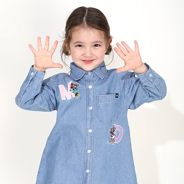 【ベビードール】ミニー 親子お揃い ワッペンデニムワンピース 0520K / デイジー ベビーサイズ キッズ リンクコーデ ペアルック 親子コーデ 長袖 トップス 羽織り ミニ丈 オールインワン