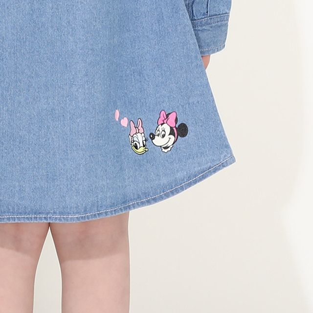 【ベビードール】ミニー 親子お揃い ワッペンデニムワンピース 0520K / デイジー ベビーサイズ キッズ リンクコーデ ペアルック 親子コーデ 長袖 トップス 羽織り ミニ丈 オールインワン