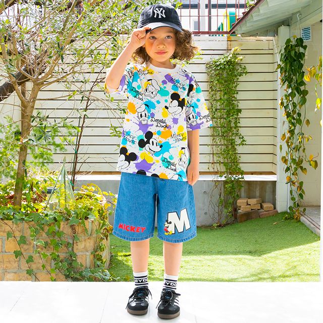 【ベビードール】ミッキー ドナルド キャラクター総柄Tシャツ 0538K / ベビーサイズ キッズ トップス 半袖 カラフル インク柄 天竺素材