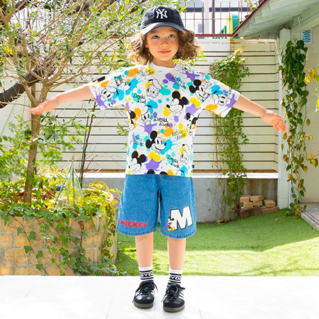【ベビードール】ミッキー ドナルド キャラクター総柄Tシャツ 0538K / ベビーサイズ キッズ トップス 半袖 カラフル インク柄 天竺素材
