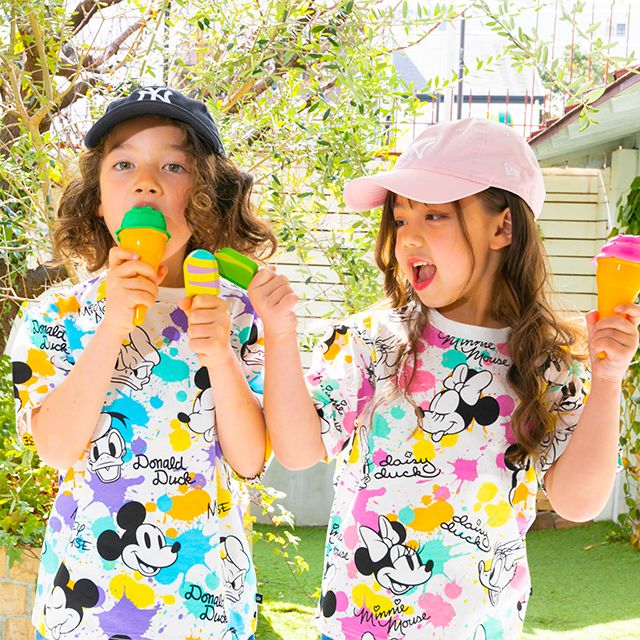 【ベビードール】ミッキー ドナルド キャラクター総柄Tシャツ 0538K / ベビーサイズ キッズ トップス 半袖 カラフル インク柄 天竺素材