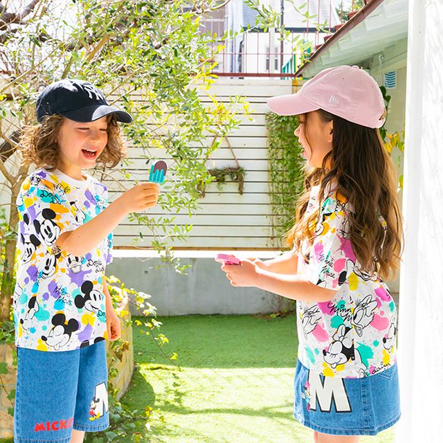 【ベビードール】ミッキー ドナルド キャラクター総柄Tシャツ 0538K / ベビーサイズ キッズ トップス 半袖 カラフル インク柄 天竺素材