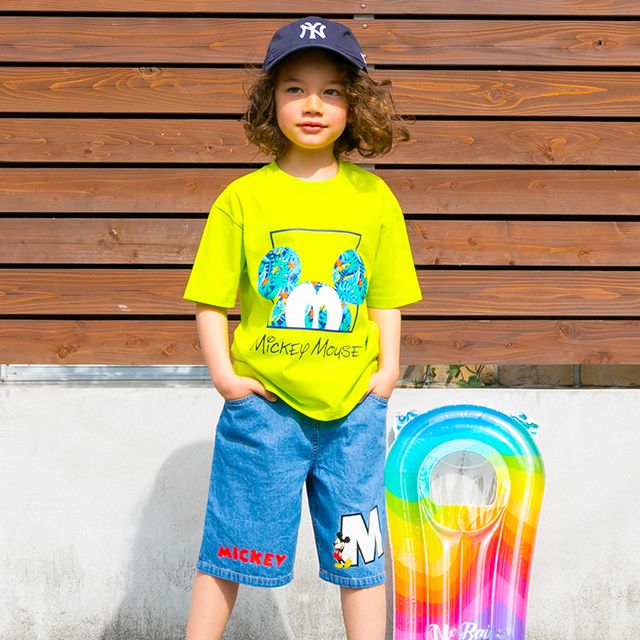 【ベビードール】ミッキー 親子お揃い リゾート柄Tシャツ 0546K / ベビーサイズ キッズ リンクコーデ ペアルック 親子コーデ トップス 半袖 天竺素材 リゾート