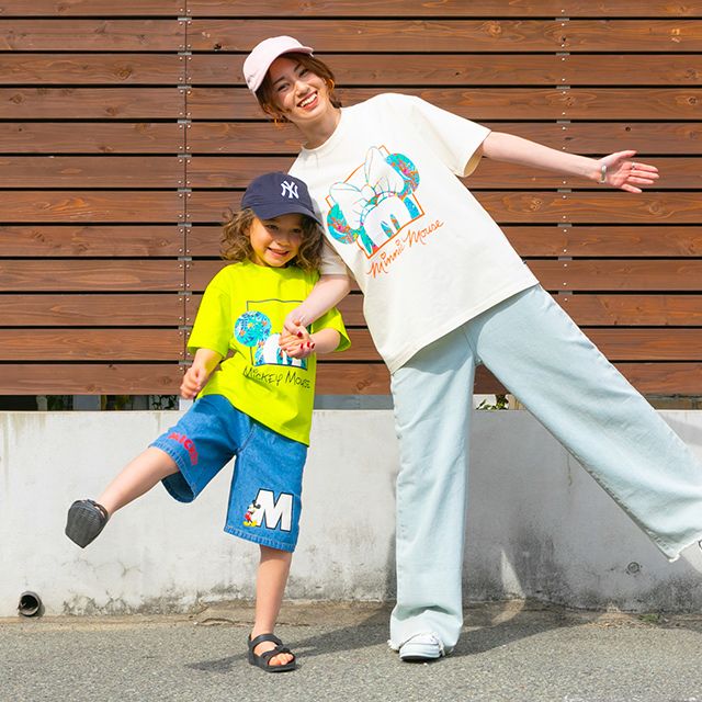 【ベビードール】ミッキー 親子お揃い リゾート柄Tシャツ 0546K / ベビーサイズ キッズ リンクコーデ ペアルック 親子コーデ トップス 半袖 天竺素材 リゾート