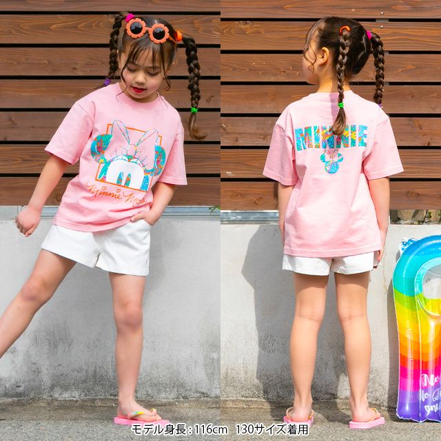 【ベビードール】ミニー 親子お揃い リゾート柄Tシャツ 0546K / ベビーサイズ キッズ リンクコーデ ペアルック 親子コーデ トップス 半袖 天竺素材 リゾート