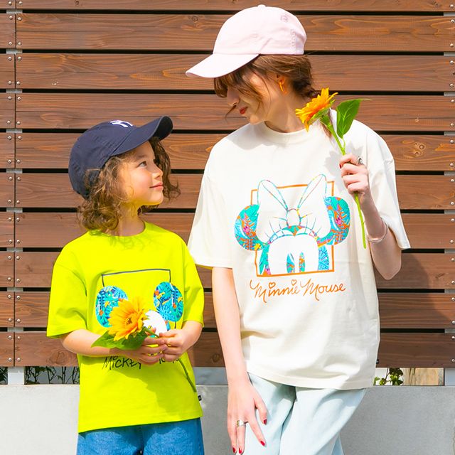 【ベビードール】ミニー 親子お揃い リゾート柄Tシャツ 0546A / 大人 ユニセックス 男女兼用 リンクコーデ ペアルック 親子コーデ トップス 半袖 天竺素材 リゾート