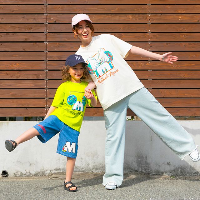 【ベビードール】ミニー 親子お揃い リゾート柄Tシャツ 0546A / 大人 ユニセックス 男女兼用 リンクコーデ ペアルック 親子コーデ トップス 半袖 天竺素材 リゾート