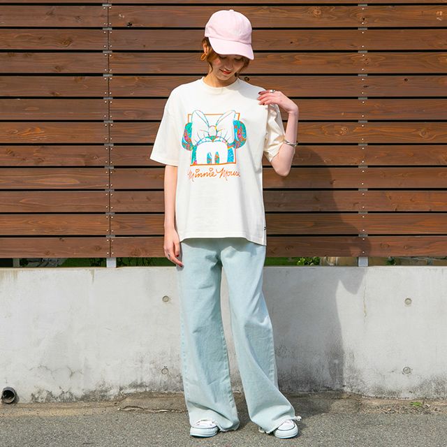 【ベビードール】ミニー 親子お揃い リゾート柄Tシャツ 0546A / 大人 ユニセックス 男女兼用 リンクコーデ ペアルック 親子コーデ トップス 半袖 天竺素材 リゾート