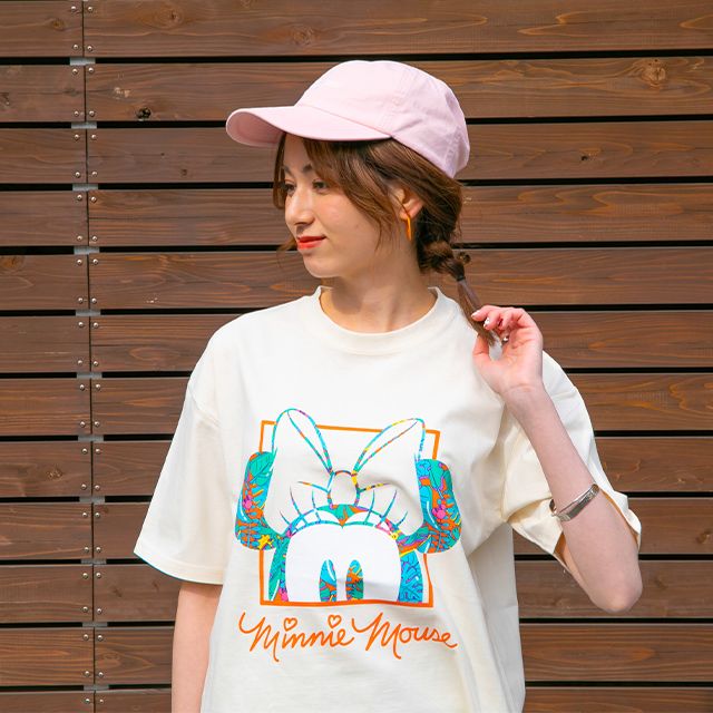 【ベビードール】ミニー 親子お揃い リゾート柄Tシャツ 0546A / 大人 ユニセックス 男女兼用 リンクコーデ ペアルック 親子コーデ トップス 半袖 天竺素材 リゾート