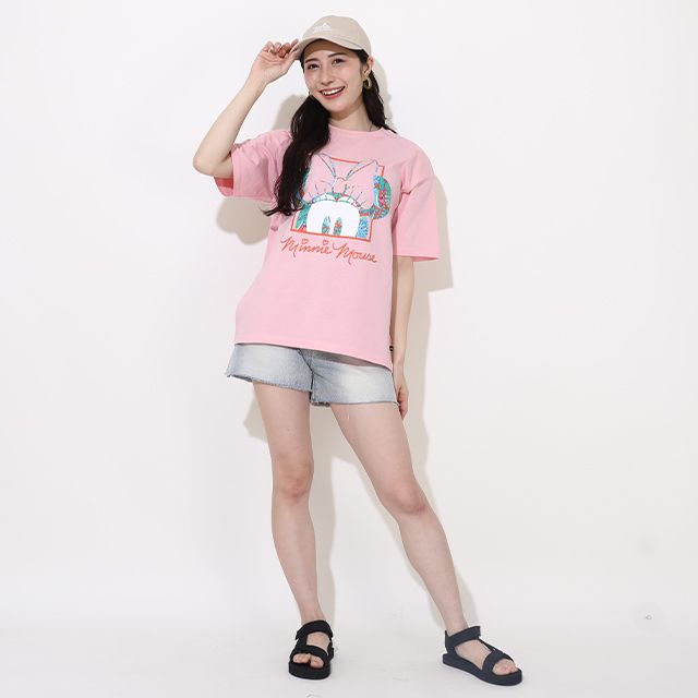 【ベビードール】ミニー 親子お揃い リゾート柄Tシャツ 0546A / 大人 ユニセックス 男女兼用 リンクコーデ ペアルック 親子コーデ トップス 半袖 天竺素材 リゾート