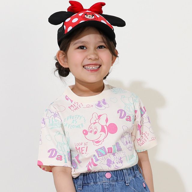 【ベビードール】ミニー デイジー 親子お揃い カラフル総柄 Tシャツ 0576K / ベビーサイズ キッズ リンクコーデ ペアルック 親子コーデ トップス 半袖 天竺素材 レトロ ポップ
