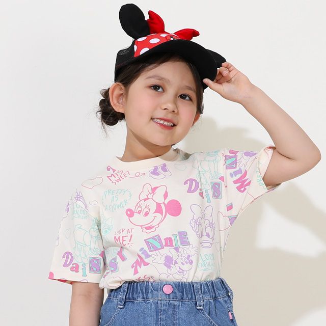 【ベビードール】ミニー デイジー 親子お揃い カラフル総柄 Tシャツ 0576K / ベビーサイズ キッズ リンクコーデ ペアルック 親子コーデ トップス 半袖 天竺素材 レトロ ポップ