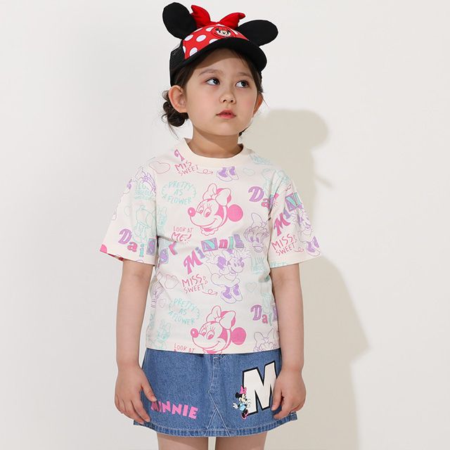 【ベビードール】ミニー デイジー 親子お揃い カラフル総柄 Tシャツ 0576K / ベビーサイズ キッズ リンクコーデ ペアルック 親子コーデ トップス 半袖 天竺素材 レトロ ポップ