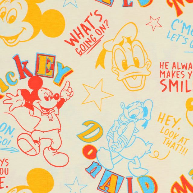 【ベビードール】ミッキー ドナルド 親子お揃い カラフル総柄 Tシャツ 0576A / 大人 ユニセックス 男女兼用 リンクコーデ ペアルック 親子コーデ トップス 半袖 天竺素材 レトロ ポップ