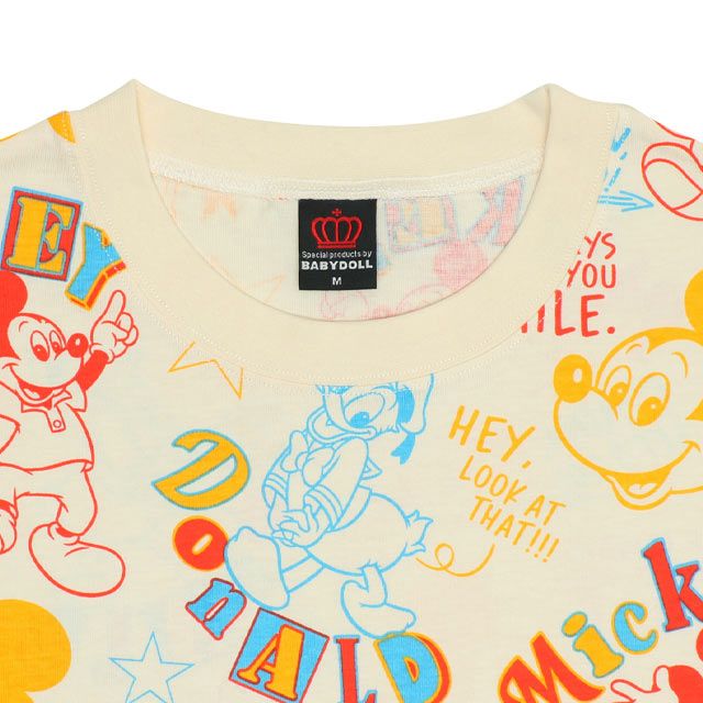 【ベビードール】ミッキー ドナルド 親子お揃い カラフル総柄 Tシャツ 0576A / 大人 ユニセックス 男女兼用 リンクコーデ ペアルック 親子コーデ トップス 半袖 天竺素材 レトロ ポップ