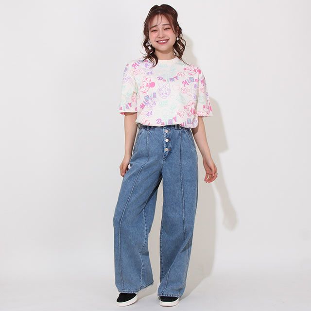 【ベビードール】ミニー デイジー 親子お揃い カラフル総柄 Tシャツ 0576A / 大人 ユニセックス 男女兼用 リンクコーデ ペアルック 親子コーデ トップス 半袖 天竺素材 レトロ ポップ