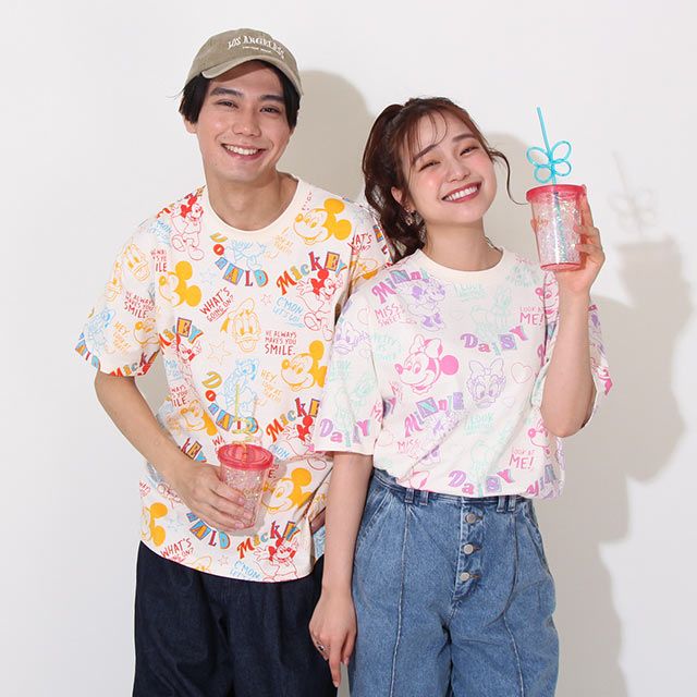 【ベビードール】ミニー デイジー 親子お揃い カラフル総柄 Tシャツ 0576A / 大人 ユニセックス 男女兼用 リンクコーデ ペアルック 親子コーデ トップス 半袖 天竺素材 レトロ ポップ