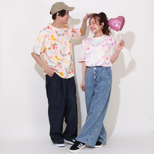 【ベビードール】ミニー デイジー 親子お揃い カラフル総柄 Tシャツ 0576A / 大人 ユニセックス 男女兼用 リンクコーデ ペアルック 親子コーデ トップス 半袖 天竺素材 レトロ ポップ