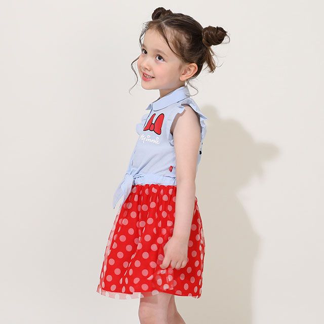 【ベビードール】ミニー デニムドッキングワンピース 0579K / ベビーサイズ キッズ ワンピ スカート ノースリーブ タンガリーシャツ チュール フリル ウエスト総ゴム ゴム穴付き 水玉模様 ガーリー