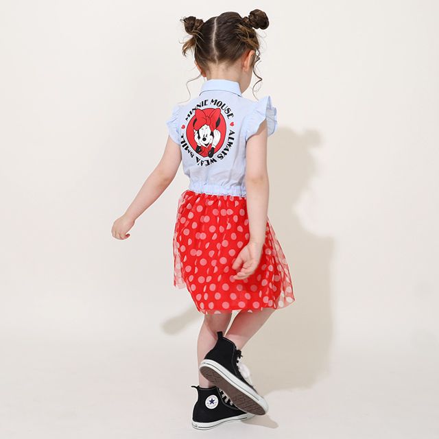 【ベビードール】ミニー デニムドッキングワンピース 0579K / ベビーサイズ キッズ ワンピ スカート ノースリーブ タンガリーシャツ チュール フリル ウエスト総ゴム ゴム穴付き 水玉模様 ガーリー