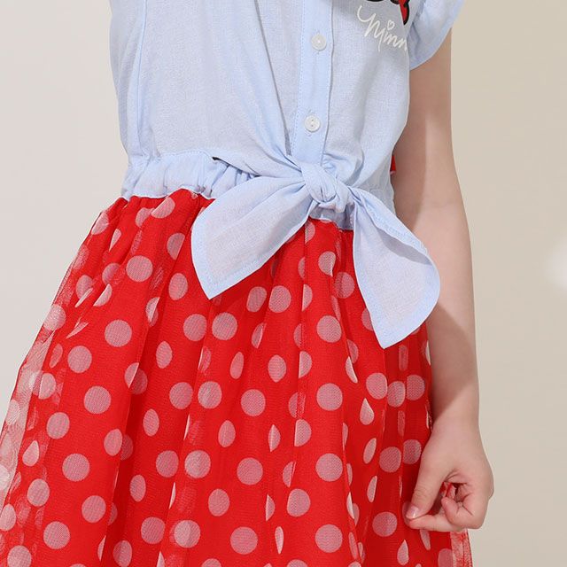 【ベビードール】ミニー デニムドッキングワンピース 0579K / ベビーサイズ キッズ ワンピ スカート ノースリーブ タンガリーシャツ チュール フリル ウエスト総ゴム ゴム穴付き 水玉模様 ガーリー