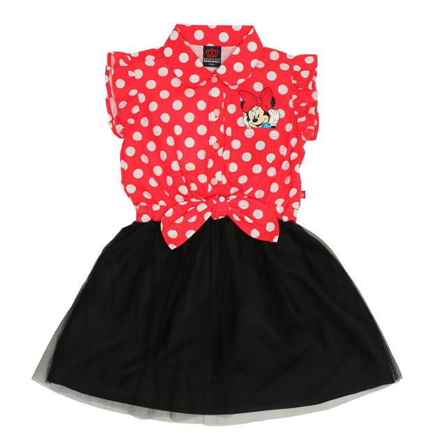 【ベビードール】ミニー デニムドッキングワンピース 0579K / ベビーサイズ キッズ ワンピ スカート ノースリーブ タンガリーシャツ チュール フリル ウエスト総ゴム ゴム穴付き 水玉模様 ガーリー