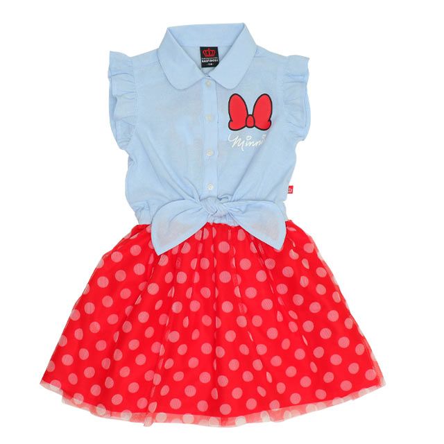【ベビードール】ミニー デニムドッキングワンピース 0579K / ベビーサイズ キッズ ワンピ スカート ノースリーブ タンガリーシャツ チュール フリル ウエスト総ゴム ゴム穴付き 水玉模様 ガーリー