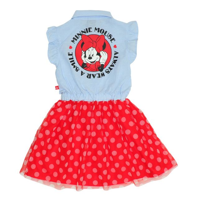 【ベビードール】ミニー デニムドッキングワンピース 0579K / ベビーサイズ キッズ ワンピ スカート ノースリーブ タンガリーシャツ チュール フリル ウエスト総ゴム ゴム穴付き 水玉模様 ガーリー