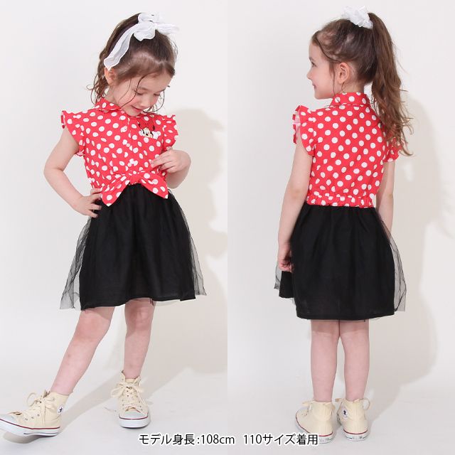 【ベビードール】ミニー デニムドッキングワンピース 0579K / ベビーサイズ キッズ ワンピ スカート ノースリーブ タンガリーシャツ チュール フリル ウエスト総ゴム ゴム穴付き 水玉模様 ガーリー