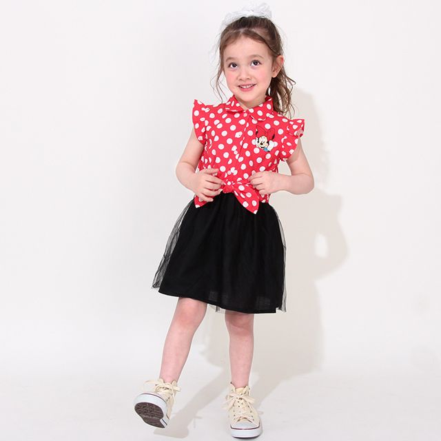 【ベビードール】ミニー デニムドッキングワンピース 0579K / ベビーサイズ キッズ ワンピ スカート ノースリーブ タンガリーシャツ チュール フリル ウエスト総ゴム ゴム穴付き 水玉模様 ガーリー