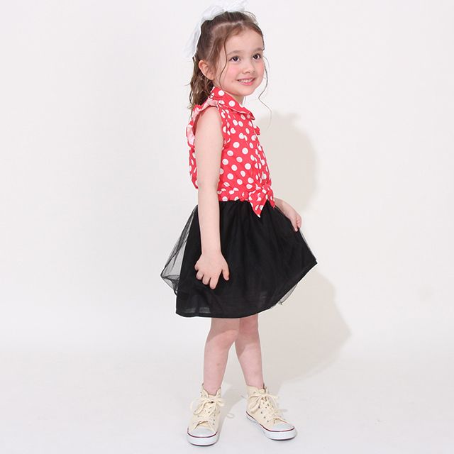 【ベビードール】ミニー デニムドッキングワンピース 0579K / ベビーサイズ キッズ ワンピ スカート ノースリーブ タンガリーシャツ チュール フリル ウエスト総ゴム ゴム穴付き 水玉模様 ガーリー