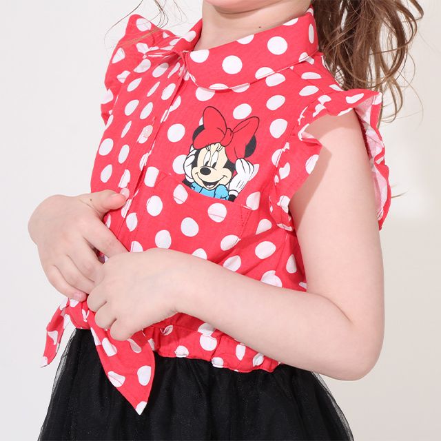 【ベビードール】ミニー デニムドッキングワンピース 0579K / ベビーサイズ キッズ ワンピ スカート ノースリーブ タンガリーシャツ チュール フリル ウエスト総ゴム ゴム穴付き 水玉模様 ガーリー