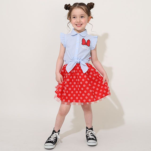 【ベビードール】ミニー デニムドッキングワンピース 0579K / ベビーサイズ キッズ ワンピ スカート ノースリーブ タンガリーシャツ チュール フリル ウエスト総ゴム ゴム穴付き 水玉模様 ガーリー