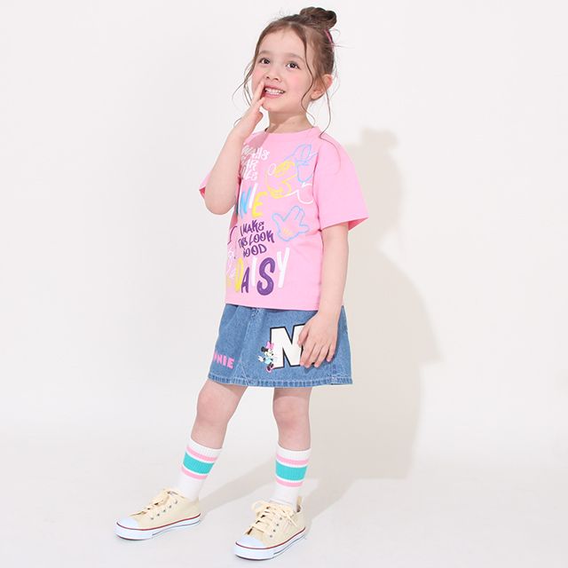 【ベビードール】ミニー デイジー 親子お揃い 発泡ネオンキャラクターTシャツ 0580K / ベビーサイズ キッズ トップス 半袖 リンクコーデ ペアルック 親子コーデ 蛍光色 天竺素材