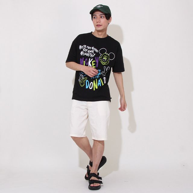 【ベビードール】ミッキー ドナルド 親子お揃い 発泡ネオンキャラクターTシャツ 0580A / トップス 半袖 大人 ユニセックス 男女兼用 リンクコーデ ペアルック 親子コーデ 蛍光色 天竺素材