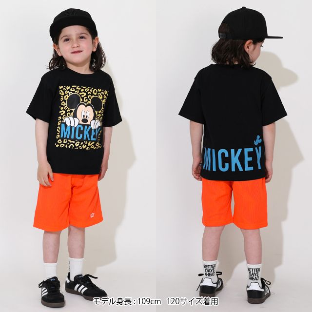 【ベビードール】ミッキー 親子お揃い ヒョウ柄キャラクター Tシャツ 0581K / ベビーサイズ キッズ リンクコーデ ペアルック 親子コーデ トップス 半袖 天竺素材 一部ラメプリント