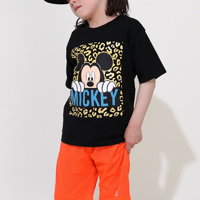 【ベビードール】ミッキー 親子お揃い ヒョウ柄キャラクター Tシャツ 0581K / ベビーサイズ キッズ リンクコーデ ペアルック 親子コーデ トップス 半袖 天竺素材 一部ラメプリント
