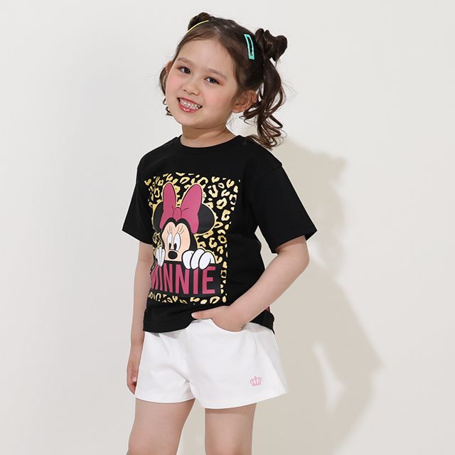 【ベビードール】ミニー 親子お揃い ヒョウ柄キャラクター Tシャツ 0581K / ベビーサイズ キッズ リンクコーデ ペアルック 親子コーデ トップス 半袖 天竺素材 一部ラメプリント