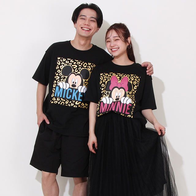 【ベビードール】ミッキー 親子お揃い ヒョウ柄キャラクター Tシャツ 0581A / 大人 ユニセックス 男女兼用 リンクコーデ ペアルック 親子コーデ トップス 半袖 天竺素材 一部ラメプリント