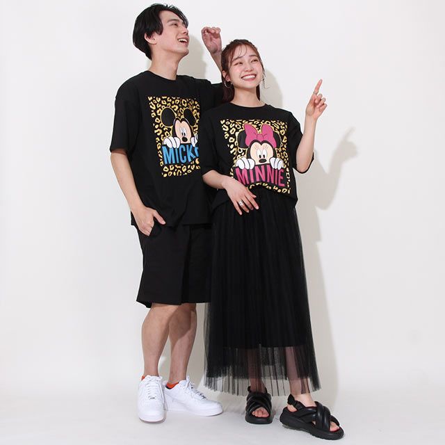 【ベビードール】ミッキー 親子お揃い ヒョウ柄キャラクター Tシャツ 0581A / 大人 ユニセックス 男女兼用 リンクコーデ ペアルック 親子コーデ トップス 半袖 天竺素材 一部ラメプリント
