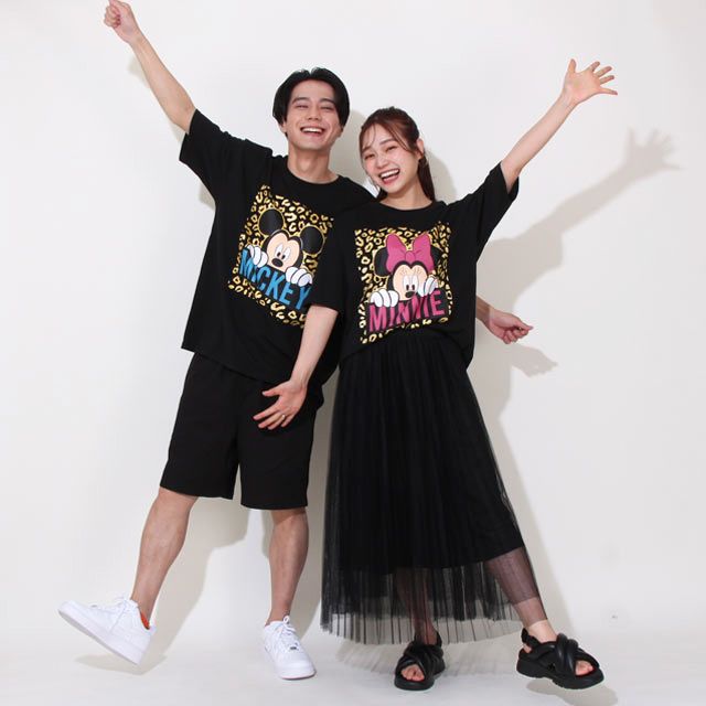 【ベビードール】ミッキー 親子お揃い ヒョウ柄キャラクター Tシャツ 0581A / 大人 ユニセックス 男女兼用 リンクコーデ ペアルック 親子コーデ トップス 半袖 天竺素材 一部ラメプリント