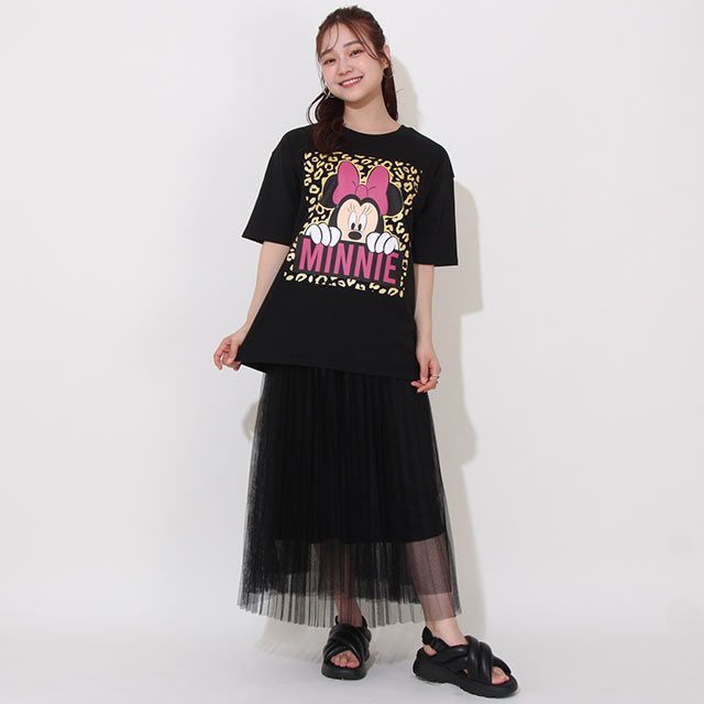 【ベビードール】ミニー 親子お揃い ヒョウ柄キャラクター Tシャツ 0581A / 大人 ユニセックス 男女兼用 リンクコーデ ペアルック 親子コーデ トップス 半袖 天竺素材 一部ラメプリント